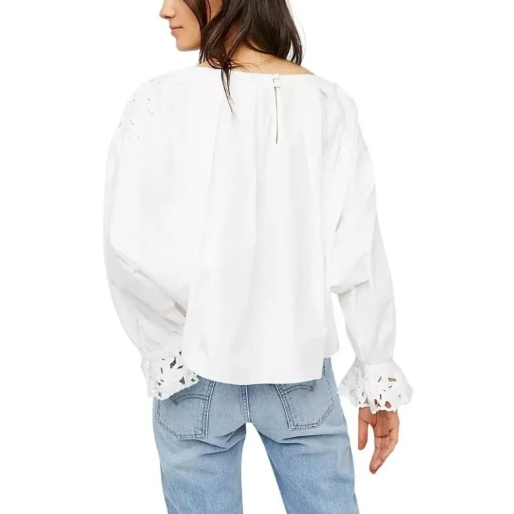 Free People Wishing Well Blouse Size L White NEW Eyelet Embroidered Balloon